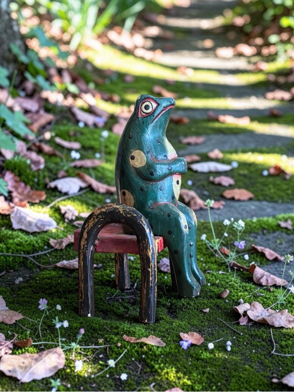 Wooden carved folk art frog on bench 9”